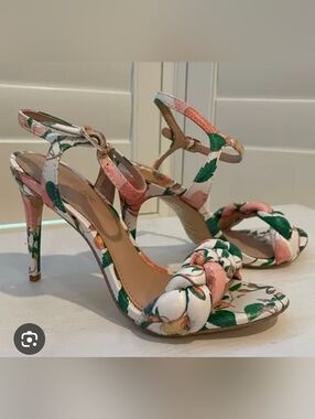 Rachel Zoe Floral Braided Strap Stiletto Sandals in White Pink Green